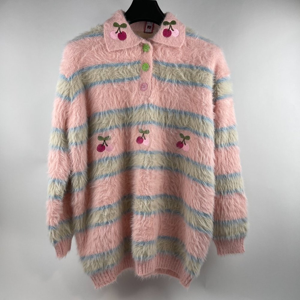 Sweet Orchard Vintage-Inspired Fuzzy Cardigan with Cherry Embroidery